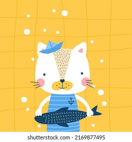 Cute cat with fish Kids print Vector illustrations