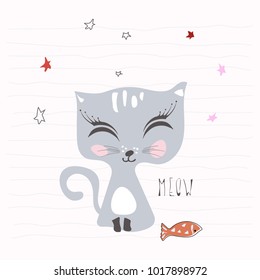 cute cat with fish near the legs
