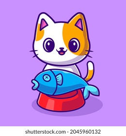 Cute Cat With Fish on Food Bowl Cartoon Vector Icon Illustration. Animal Nature Icon Concept Isolated Premium Vector. Flat Cartoon Style