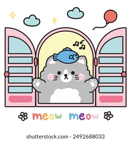 Lindo gato con pescado abrir el fondo de la ventana.Miau texto.Flor,globo,nube.Pet personaje animal de dibujos animados diseño.Imagen para tarjeta,pegatina,producto bebé.Kawaii.Vector.Ilustración