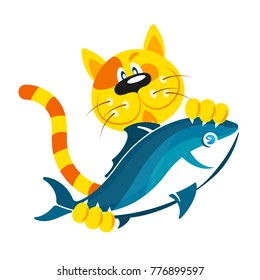 Cute cat with fish in the paws illustration