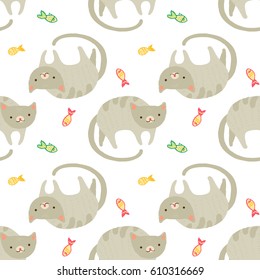 Cute cat with fish. Vector seamless pattern on white background. Can be used for print design, clothing, booklets, wrapping paper, wallpaper.