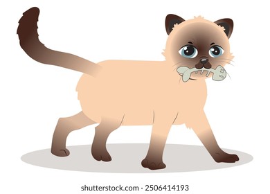 cute cat with a fishbone in its mouth, vector illustration in cartoon style of a cute kitten.
