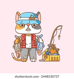 Cute cat fisher fishing animal chibi character mascot icon flat line art style illustration concept cartoon set