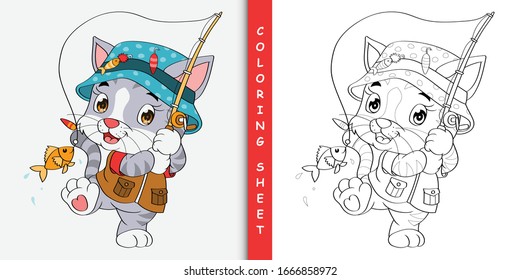 Cute cat fishing cartoon, Coloring sheet