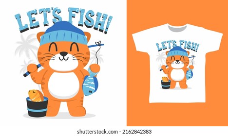 Cute cat fishing cartoon tshirt art design