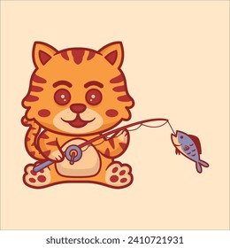 Cute cat fishing cartoon vector illustration