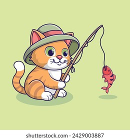 Cute cat fishing in cartoon vector illustration