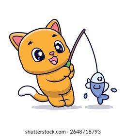 Cute Cat Fishing Cartoon Vector Icon Illustration. Animal Recreation Icon Concept Isolated Premium Vector. Flat Cartoon Style.