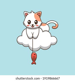 cute cat fishing in the clouds cartoon illustration