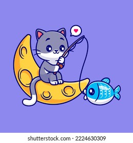 Cute Cat Fishing Fish On Moon Cartoon Vector Icon Illustration. Animal Nature Icon Concept Isolated Premium Vector. Flat Cartoon Style