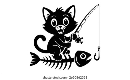 Cute Cat Fishing on Fish Skeleton Black and White