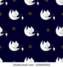 Cute cat fishing on the moon seamless pattern