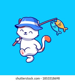 Cute Cat Fishing With Rods And Hat Cartoon Vector Icon Illustration. Animal Recreation Icon Concept Isolated Premium Vector. Flat Cartoon Style