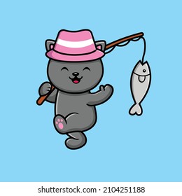 Cute Cat Fishing With Rods And Hat Cartoon Vector Icon Illustration. Animal Recreation Icon Concept Isolated Premium Vector. Flat Cartoon Style
