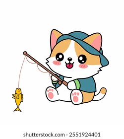 Lindo Gato De Pesca Con Cañas Y Sombrero De Ilustración vectorial De Dibujos Animados. Concepto de icono de Ocio animal aislado. Dibujos animados de diseño plano 