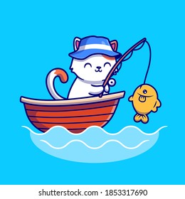 Cute Cat Fishing In The Sea On Boat Cartoon Vector Icon Illustration. Animal Recreation Icon Concept Isolated Premium Vector. Flat Cartoon Style