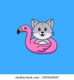 Cute cat With flamingo buoy. Animal cartoon concept isolated. Can used for t-shirt, greeting card, invitation card or mascot.
