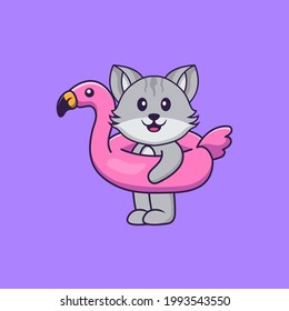 Cute cat With flamingo buoy. Animal cartoon concept isolated. Can used for t-shirt, greeting card, invitation card or mascot.