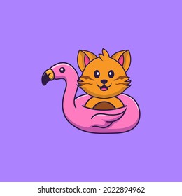 Cute cat With flamingo buoy. Animal cartoon concept isolated. Can used for t-shirt, greeting card, invitation card or mascot.
