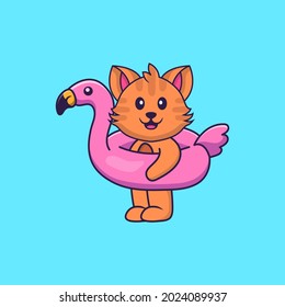 Cute cat With flamingo buoy. Animal cartoon concept isolated. Can used for t-shirt, greeting card, invitation card or mascot.