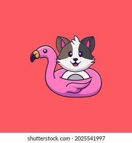 Cute cat With flamingo buoy. Animal cartoon concept isolated. Can used for t-shirt, greeting card, invitation card or mascot.