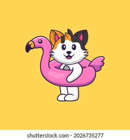 Cute cat With flamingo buoy. Animal cartoon concept isolated. Can used for t-shirt, greeting card, invitation card or mascot.