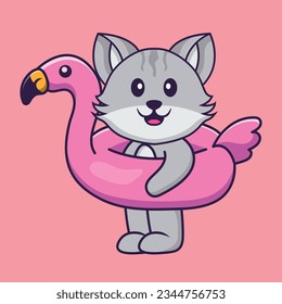 Cute cat With flamingo buoy. Animal cartoon concept isolated. Can used for t-shirt, greeting card, invitation card or mascot