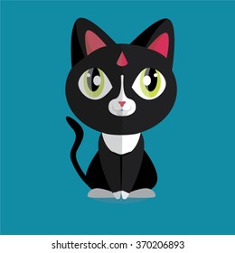 Cute cat. Flat illustration. Styling animal. black and white cat on a blue background 