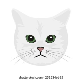 Gato lindo en estilo plano. Personaje animal felino con hermosos ojos verdes. Avatar de la cabeza del gatito aislado en el fondo blanco. Cara divertida de gatito en estilo de dibujos animados. Ilustración vectorial de color