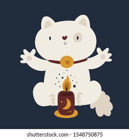 Cute cat flat vector illustration. Adorable pet in cartoon style. Funny kitty with candle on dark background. Kids Illustration for print, poster, calendar, decoration, card, textile