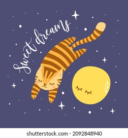 A cute cat flies nearby in the moon in space. Children's illustration. Night sky and stars. Vector illustration for print on baby clothes.