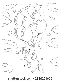 A cute cat flies on balloons and holds a gift in its paws. Coloring book page for kids. Valentine's Day. Cartoon style character. Vector illustration isolated on white background.