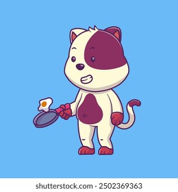 Cute Cat Flipping a Egg In a Frying Pan Cartoon Vector Icon Illustration. Animal Kitchen. Flat Cartoon Concept.