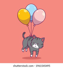 cute cat floating with ballon cartoon illustration The Concept of Isolated Technology. Flat Cartoon Style Suitable for Landing Web Pages, Banners, Flyers, Stickers, Cards
