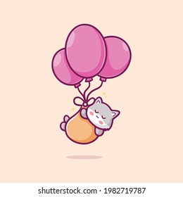 cute cat floating with ballon cartoon illustration The Concept of Isolated Technology. Flat Cartoon Style Suitable for Landing Web Pages, Banners, Flyers, Stickers, Cards
