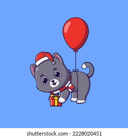 cute cat floating with balloon carrying a gift box