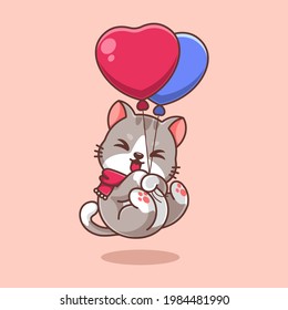 Cute cat floating with balloon cartoon