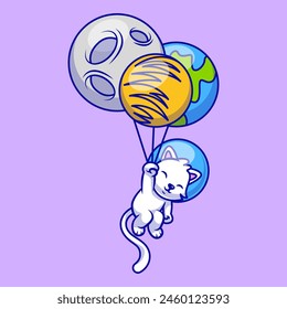 Cute Cat Floating With Planet Balloon Cartoon Vector Icons Illustration. Flat Cartoon Concept. Suitable for any creative project.