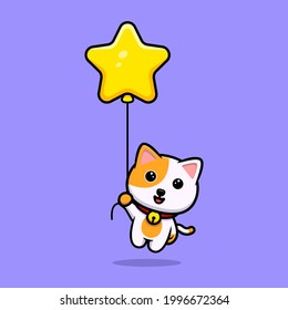 Cute cat floating with star balloon cartoon mascot