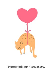 Cute cat floating tied to a heart shaped balloon. This design can be used in greeting and Valentine's day card and t shirt design.