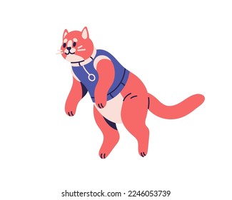 Cute cat floating in weightlessness. Funny feline astronaut flying, soaring in air. Weightless adorable kitty animal flies in zero gravity. Flat vector illustration isolated on white background