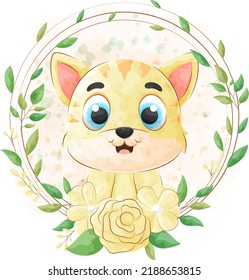 Cute Cat and flora frame cartoon animal watercolor illustration