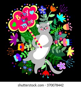 Cute cat with floral background and plate with empty space for text. Greeting card, wedding invitation, Valentines day and so on