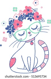 Cute Cat with Floral Crown Vintage Illustration