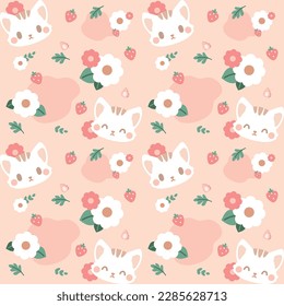 Cute cat floral and strawberries seamless pattern