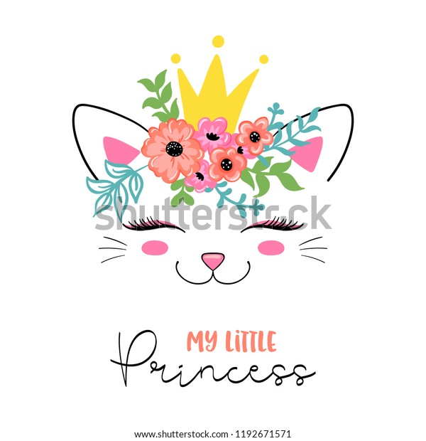 花輪と王冠を持つかわいい猫 お姫様のスローガンフレーズ Tシャツなどの使い方のベクターイラスト のベクター画像素材 ロイヤリティフリー