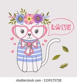 Cute cat with floral wreath, pink heart glasses. Love slogan. Vector illustration