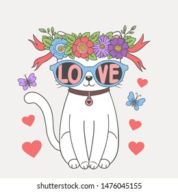 Cute cat with floral wreath, sunglasses, ribbon. Love slogan. Cartoon vector illustration design for t-shirt graphics, fashion prints