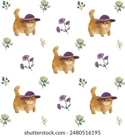 Lindo gato y elemento floral, hojas y corazón. Hoja floral. Abstractas patrón de dibujos animados sin fisuras. Textura para tarjeta, tela, envoltura, textil, Fondo de pantalla, fondo, gif de papel, bufanda, caja del teléfono